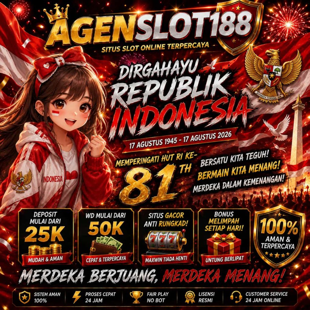 AGENSLOT188 merayakan momen Agustusan dengan desain merah putih modern yang menggambarkan semangat kemerdekaan Indonesia.