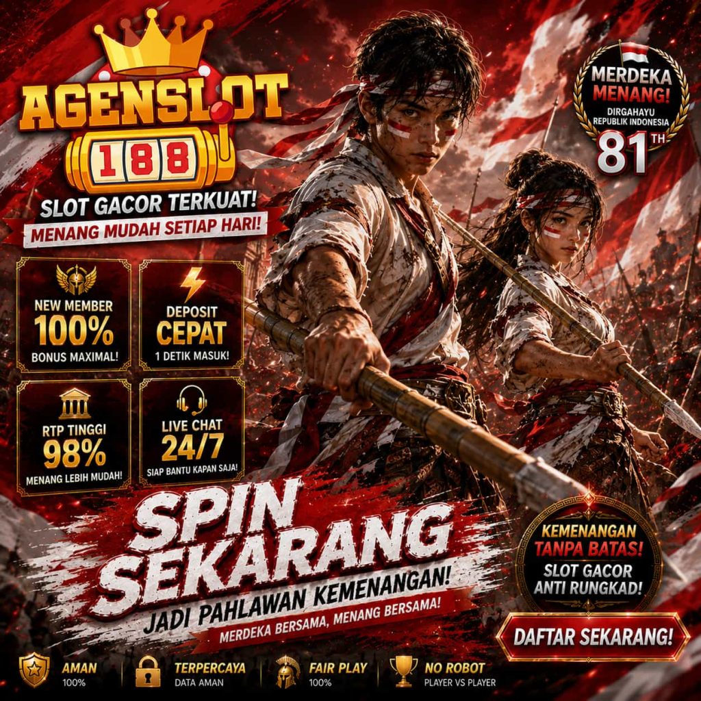 AGENSLOT188 memeriahkan bulan Agustus dengan desain bertema HUT Kemerdekaan Indonesia bernuansa merah putih yang penuh warna dan semangat.